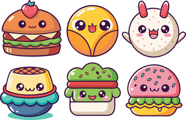 6 Kawaii Cute Food Vector Stickers Set