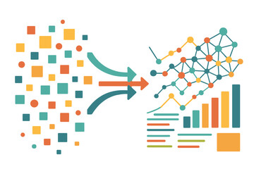 The visualization of big data information is represented through abstract and colorful vectors, which also applies to social networks and financial analysis of complex databases to clarify visual