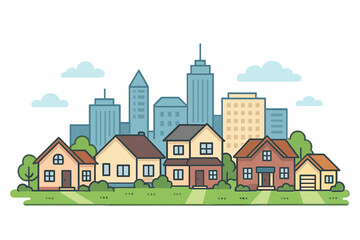 A suburban landscape is depicted alongside urban architecture, featuring both small and big city buildings, as well as suburban houses in a cartoon vector illustration, with a countryside setting of