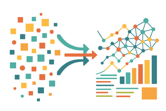 The visualization of big data information is represented through abstract and colorful vectors, which also applies to social networks and financial analysis of complex databases to clarify visual