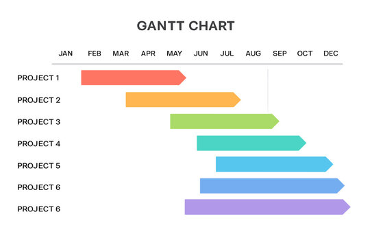 Infographic template featuring a 12-month Gantt chart timeline with 6 colorful project steps for a modern and minimal slide presentation