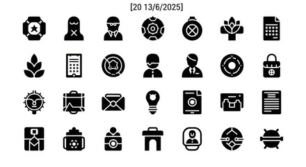 Collection of black and white simple icons representing various concepts, including business, technology, and healthcare.