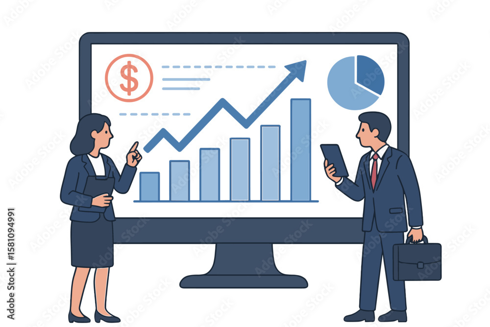 Poster concept of business people analyzing and monitoring investment and finance reports displayed on a gr