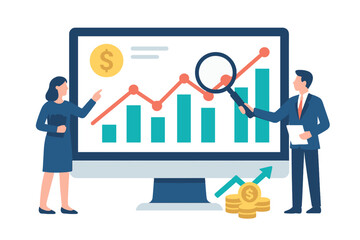 Business professionals analyze financial data and investment reports on a computer screen displaying graphs and analytics