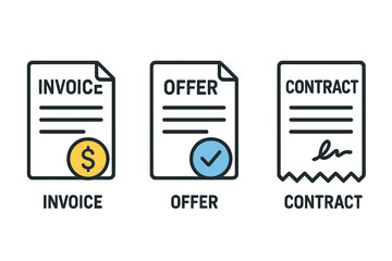 Obraz premium Financial documents including invoices, offers, and contracts are represented by line icons, along with payment bills and receipts in vector icon form