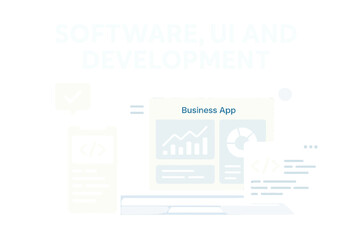 Vector Software encompasses web blue banner software, UI, and development tailored for various devices, including laptops and smartphones equipped with coding applications, alongside a business app