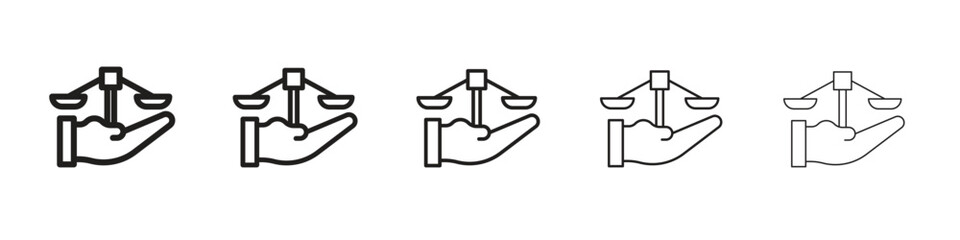 Justice scales in Hand icon in thin to bold stroke versions on white background