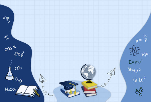 School education powerpoint background template with books, globe, master hat ,school education formulas , math graph notepage sheet in the center frame design. Flat lay, free copy space.