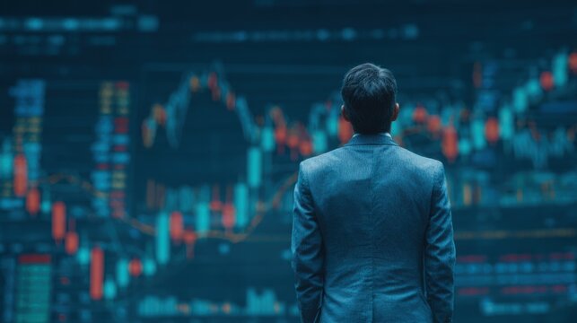 A business professional stands with his back turned, observing digital stock market charts illuminated on a large screen. The environment signifies a high-tech trading atmosphere.