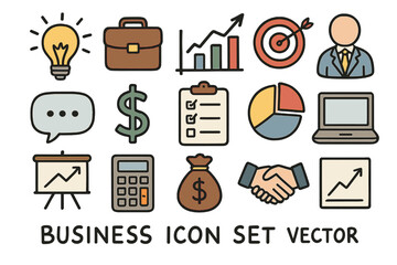 A set of hand-drawn business icons, presented as vector doodles, is illustrated in isolation on a white background