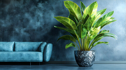 A large Dracaena fragrans plant in a gray pot next to a teal sofa against a dark blue wall.