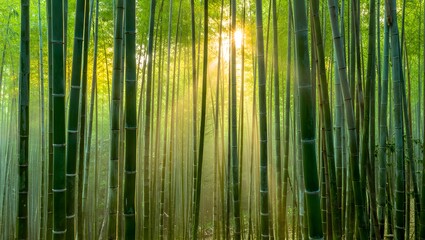 Fototapeta premium Sunlight streams through a dense forest of tall green bamboo stalks creating a serene natural scene