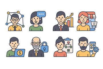 A collection of contemporary flat design icons depicting people, covering concepts such as networking, digital communication, business, technology, shopping, online banking, security, project