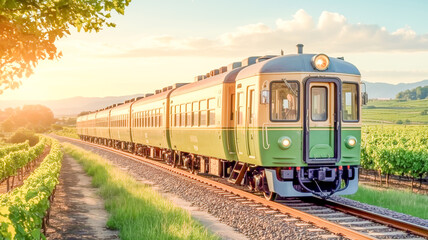Fototapeta premium Vintage green train travels through vineyard at sunset