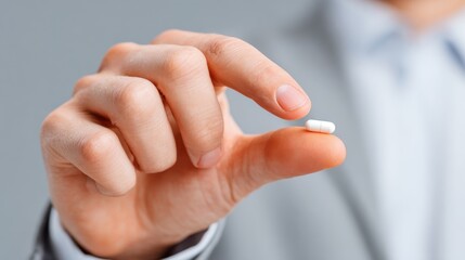 Naklejka premium A person in a suit is holding a small white pill delicately between their fingers. The neutral background provides a focus on the hand and pill in a well-lit setting.