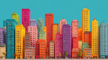 Obraz premium A bustling urban landscape showcases an array of brightly colored skyscrapers, blending styles and hues, with modern structures standing out against a clear blue sky, enhancing the lively atmosphere.