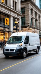 Fototapeta premium Fast-moving delivery van navigates a city street lined with trees and tall buildings, showcasing a dynamic urban environment