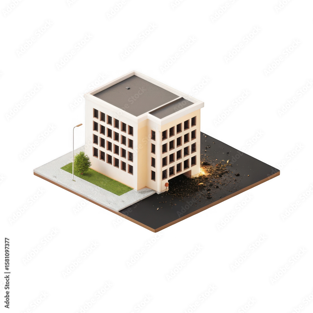 Fototapete modern beige office building with a small green tree and street lamp on a sidewalk next to a dark ro