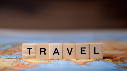 Map with the word travel spelled out using wooden scrabble tiles surrounded by a soft pastel tone and a beautiful depth of field