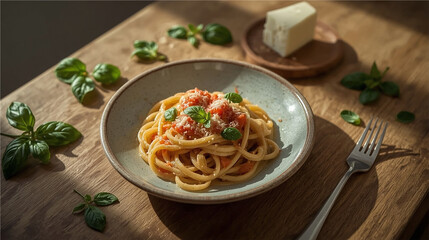 A bowl of spaghetti with tomato sauce and fresh basil leaves, placed on a ceramic plate in warm natural light.