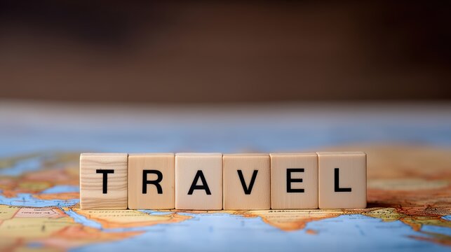 Map with the word travel spelled out using wooden scrabble tiles surrounded by a soft pastel tone and a beautiful depth of field