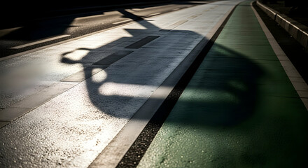 Abstract Urban Landscape Featuring Shadows on Road Surface and Green Lane