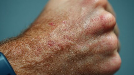 A close-up view of a person's hand shows several red spots and blemishes on the skin. The image captures the texture and details, highlighting a possible skin condition.