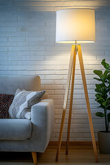 A tripod floor lamp with a white shade illuminates a living room corner.