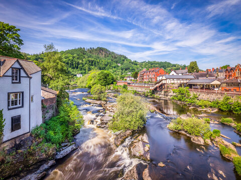 Town Falls and River Dee, Llangollen, Denbighshire, Wales - Llangollen Town Falls, rapids on the River Dee, approaching Llangollen Bridge in the town centre.