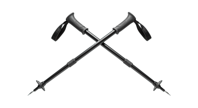 Black trekking poles are crossed over each other, ready for a hiking adventure.