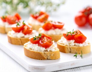 Tostadas pequeñas con queso crema y tomate cherry cortado, dispuestas sobre tabla clara