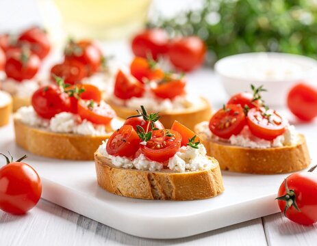 Tostadas peque&ntilde;as con queso crema y tomate cherry cortado, dispuestas sobre tabla clara