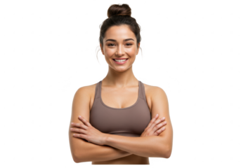 Smiling confident woman with arms crossed on transparent background