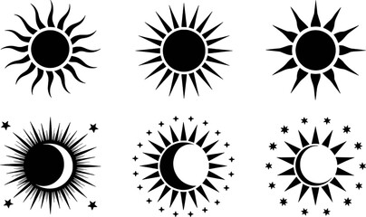 Celestial sun and moon graphic design elements crescent stars