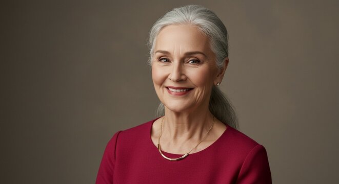 Portrait of a smiling senior woman with gray hair wearing a maroon top.