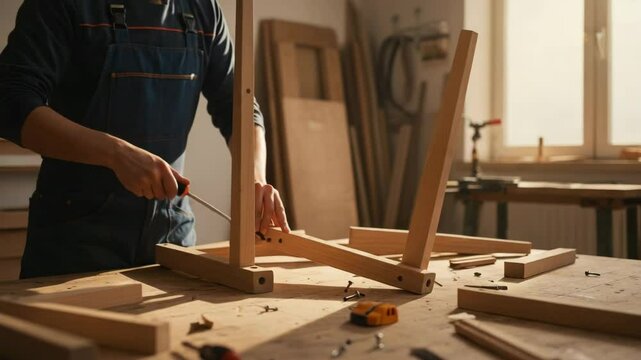 Carpenter assembling a wooden chair in a sunlit workshop. One person working with tools and wooden parts. Photorealistic 3D scene ideal for furniture making, craftsmanship, and woodworking content.