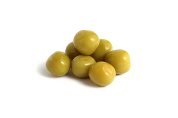 There is a small pile of canned peas on a white background.