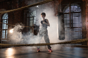 Boxing with a punching bag, sports achievements concept, female wrestler in a boxing ring,...