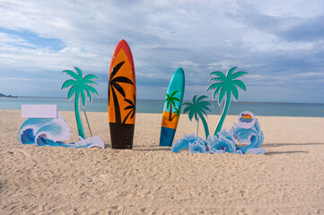 Colorful surfboard on the beach. Swimming Board.