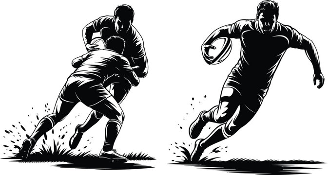 Dynamic black and white illustration of rugby players in action on a white background