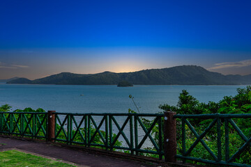 Fototapeta premium Beautiful view from Kao Khad next to Cape Panwa on the island of Phuket Thailand. Views of the turquoise Blue waters of the Andaman Sea and small islands off the coat of Phuket