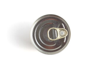There is a closed aluminum can on a white background.	