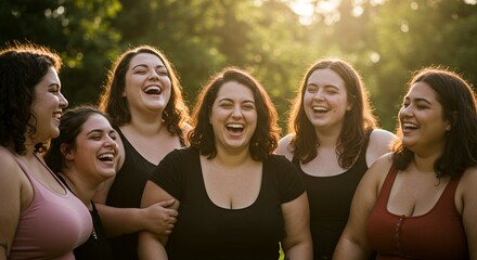 Joyful group of women laughing together outdoors in golden sunlight.