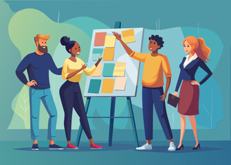 Business workshop concept vector illustration, diverse people near board with sticky notes discussing ideas, cartoon flat style, creative teamwork, modern design, isolated on white background