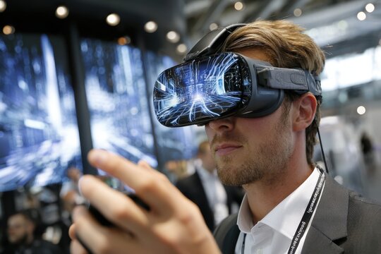 Young man explores virtual reality technology at a tech conference in a modern venue