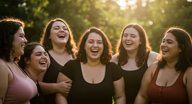 Joyful group of women laughing together outdoors in golden sunlight.
