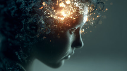 Close-up of a personâs head with glowing thoughts transforming into floating symbols