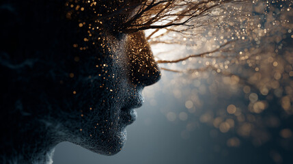 Close-up of a personâs mind visualizing a tree growing from light particles
