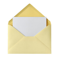 Open pale yellow envelope with a white card inside isolated on transparent background