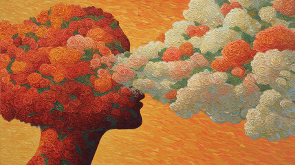 A side profile with a cloud of thoughts materializing into a blooming flower